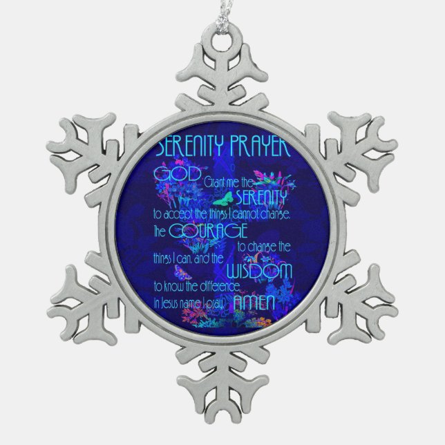 Ruhe-Gebet im Blau Schneeflocken Zinn-Ornament (Vorderseite)