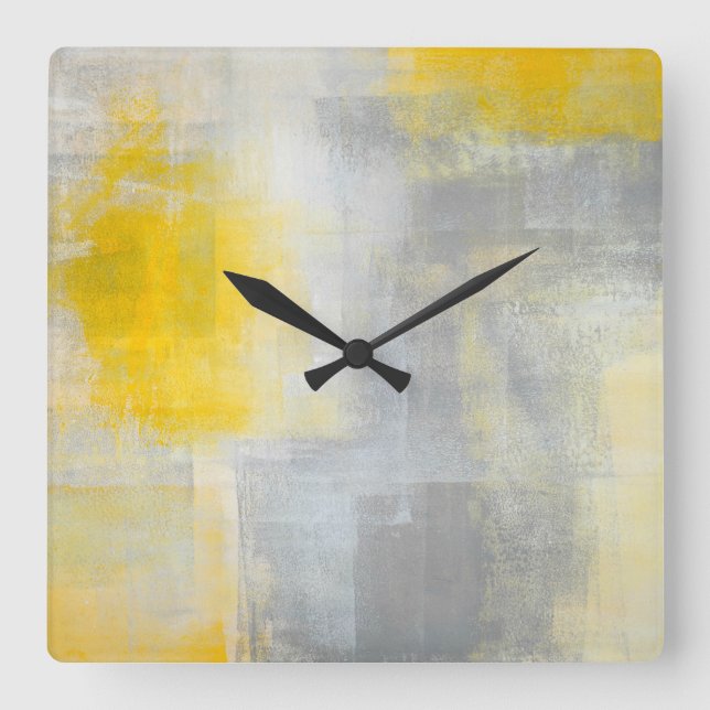 "Ruhe-" graue und gelbe abstrakte Kunst Quadratische Wanduhr (Vorderseite)
