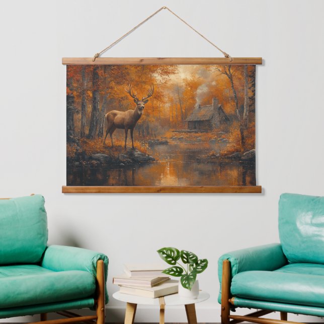 Ruhe Herbst Hirsche Kunst Wandteppich Mit Holzrahmen (Wohnzimmer)