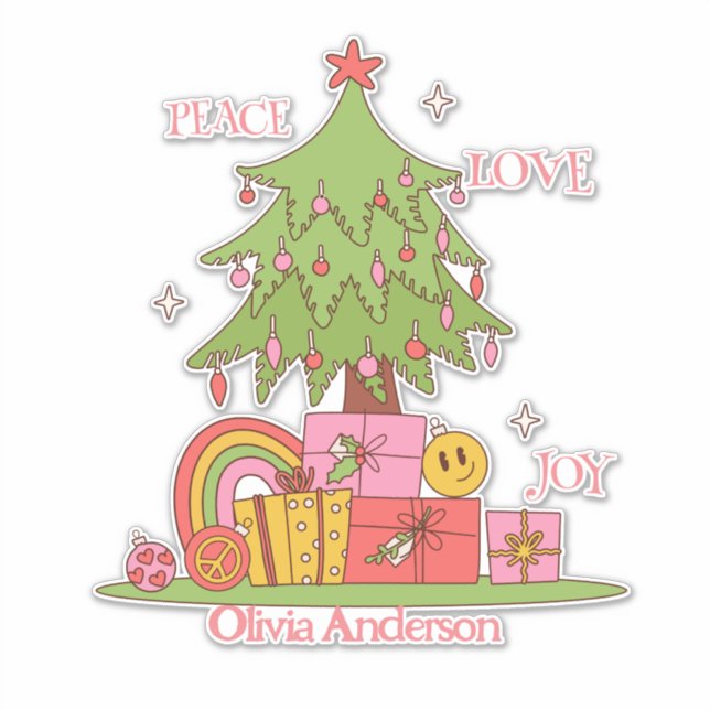 Ruhe, Liebe & Freude - Retro Weihnachtsbaum auf Ro Aufkleber (Vorderseite)