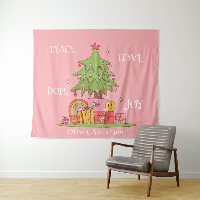 Ruhe, Liebe & Freude - Retro Weihnachtsbaum auf Ro Wandteppich (Beispiel (Horizontal))