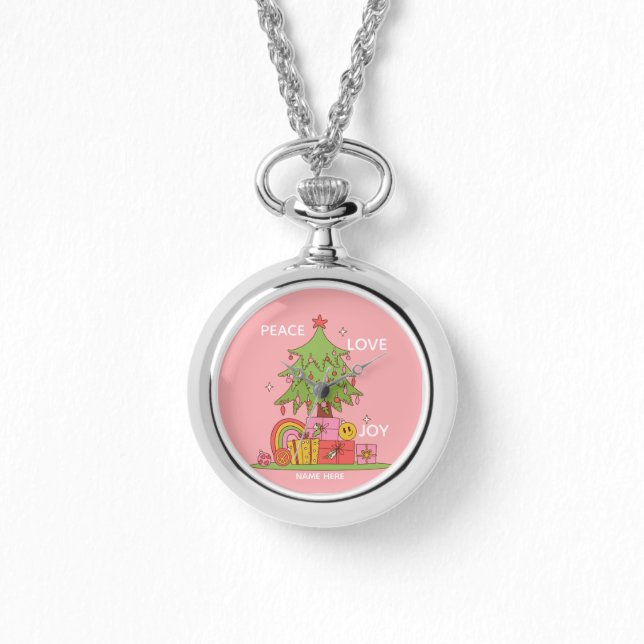 Ruhe, Liebe & Freude - Retro Weihnachtsbaum in Ros Armbanduhr (Vorderseite)