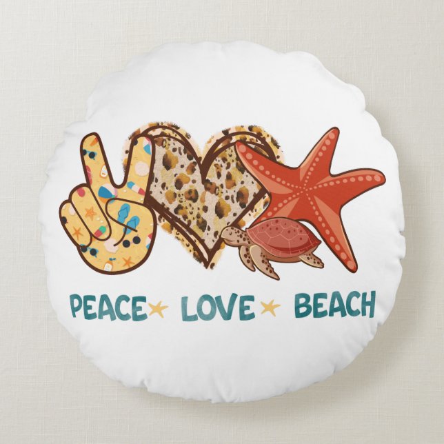 Ruhe, Liebe, Strand | Friede, Herz, Schildkröte Rundes Kissen (Vorderseite)