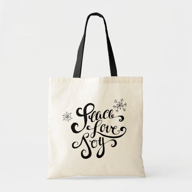 Ruhe, Liebe und Freude Rustikale Typografie Holida Tragetasche (Vorne)
