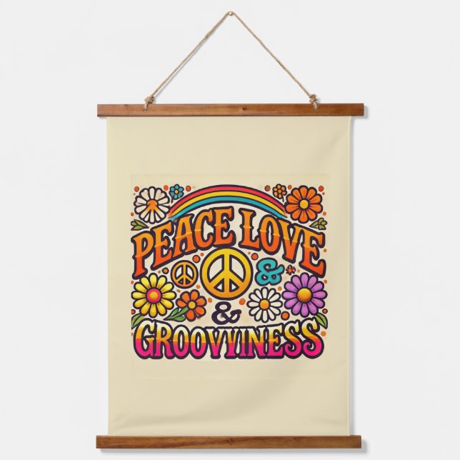 Ruhe, Liebe und Grooviness Tapestes Wandteppich Mit Holzrahmen (Vorderseite)