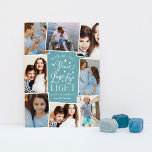 Ruhe, Liebe und Licht | Hanukkah Foto Collage Feiertagskarte<br><div class="desc">Eine schöne typografische Kundenkarte aus Hanukkah zeigt acht Ihrer beliebtesten Fotos in einem Collage Layout. "Wir wünschen Ihnen Frieden, Liebe und Licht diese Hanukka und immer" erscheint in der Mitte in der weißen Hand gezeichnete Typografie auf einem staubigen, aquamarinen Hintergrund mit Sternen. Passen Sie Ihren individuellen Urlaubssegment und Familiennamen an....</div>