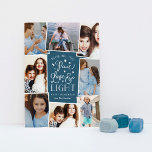 Ruhe, Liebe und Licht | Hanukkah Foto Collage Feiertagskarte<br><div class="desc">Eine schöne typografische Kundenkarte aus Hanukkah zeigt acht Ihrer beliebtesten Fotos in einem Collage Layout. "Wir wünschen Ihnen Frieden,  Liebe und Licht diese Hanukka und immer" erscheint in der Mitte in weißer Hand Schrift auf einem dunklen aquamarinen Hintergrund mit Sternen gezeichnet. Passen Sie Ihren individuellen Urlaubssegment und Familiennamen an.</div>