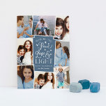 Ruhe, Liebe und Licht | Hanukkah Foto Collage Feiertagskarte<br><div class="desc">Eine schöne typografische Kundenkarte aus Hanukkah zeigt acht Ihrer beliebtesten Fotos in einem Collage Layout. "Wünscht Ihnen Ruhe,  Liebe und Licht diese Hanukkah und immer" erscheint in der Mitte in weißer Hand Schrift auf einem marineblau Hintergrund mit Sternen gezeichnet. Passen Sie Ihren individuellen Urlaubssegment und Familiennamen an.</div>