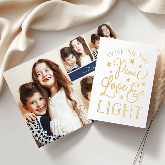 Ruhe, Liebe und Licht | Hanukkah Foto Collage Gold Folienkarte (Von Creator hochgeladen)