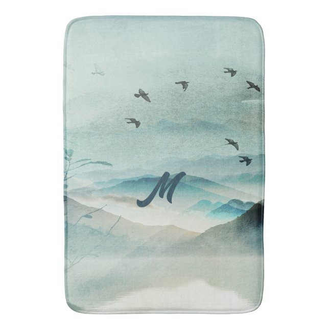 Ruhe Mit Monogramm Natur Wasserfarben Bergwelt Lan Badematte (Vorderseite Vertikal)