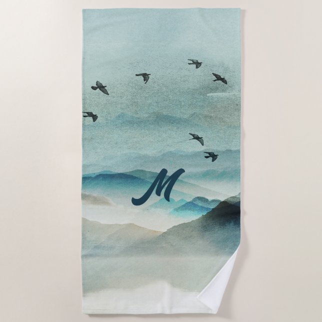 Ruhe Mit Monogramm Natur Wasserfarben Bergwelt Lan Strandtuch (Vorderseite)
