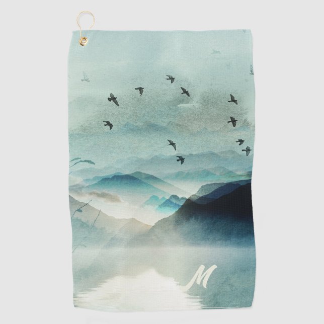 Ruhe Natur Wasserfarbene Bergwelt Mit Monogramm Golfhandtuch (Vorderseite)