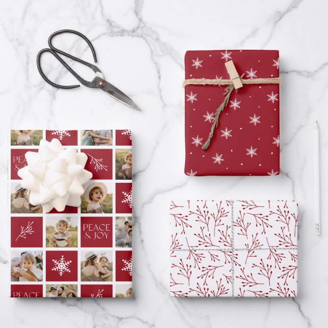 Ruhe und Freude Cranberry Holiday Foto Collage Geschenkpapier Set (Vorderseite)
