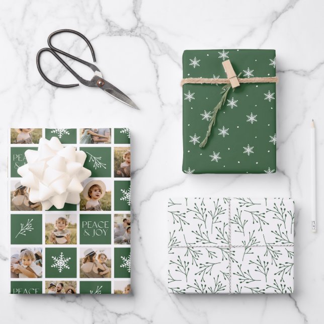 Ruhe und Freude Green Holiday Foto Collage Geschenkpapier Set (Vorderseite)