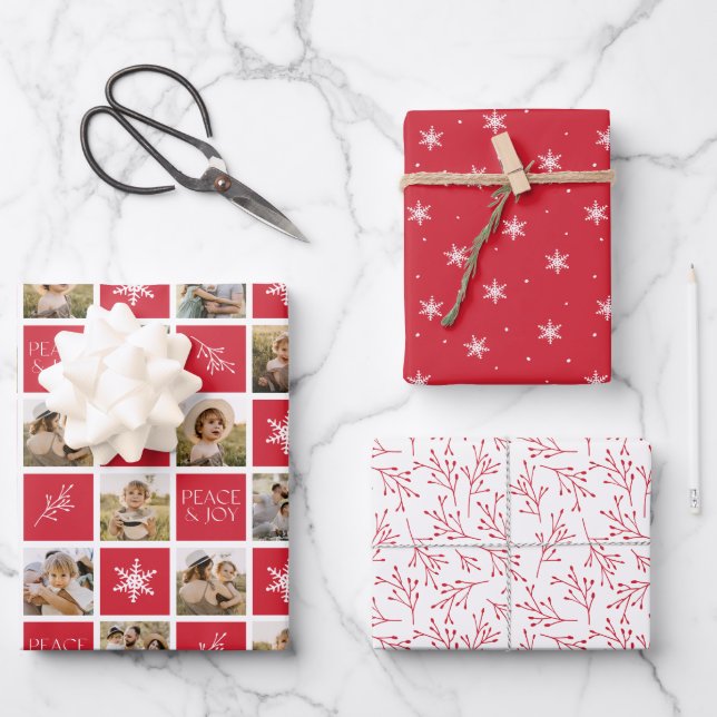Ruhe und Freude Roter Urlaub Foto Collage Geschenkpapier Set (Vorderseite)