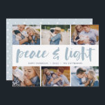 Ruhe und Licht | Hanukkah Foto Collage Feiertagskarte<br><div class="desc">Mit unserer hellen und festlichen Hanukkah-Urlaubskarte teilen Sie sechs beliebte Fotos. "Friede und Licht" erscheint in der Mitte in handgeschriebener Pinseltypografie,  mit Ihrem Urlaub Gruß,  Namen und das Jahr darunter.</div>