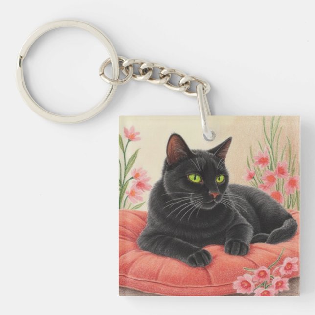 Ruhende schwarze Katze Schlüsselanhänger (Vorderseite)