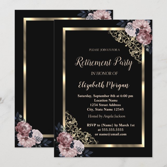 Ruhestand an eleganten Gold Frame Blume Einladung (Vorne/Hinten)