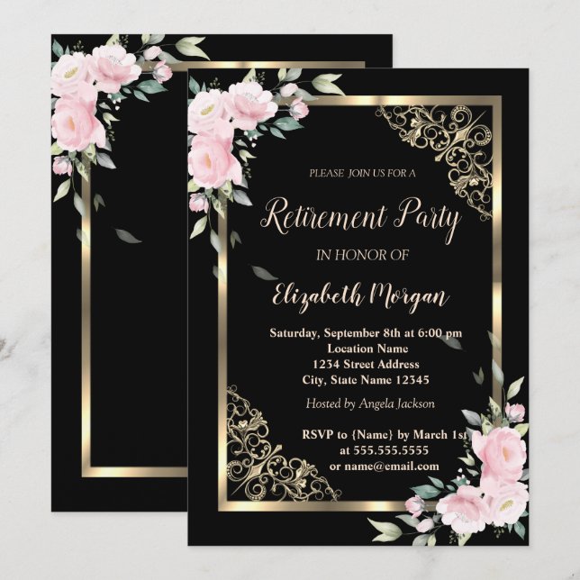 Ruhestand an eleganten Gold Frame Rosa Blume Einladung (Vorne/Hinten)