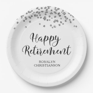 Ruhestand Black Silver Confetti Skriptname Pappteller