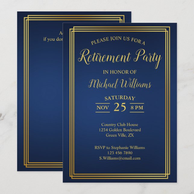 Ruhestand Corporate Elegante Blue Gold Einladung (Vorne/Hinten)