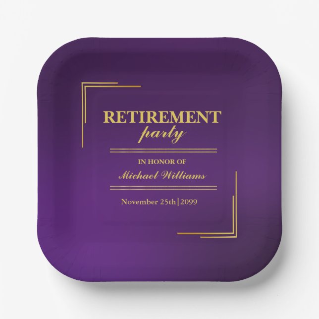 Ruhestand Corporate Elegante Lila Gold Pappteller (Vorderseite)