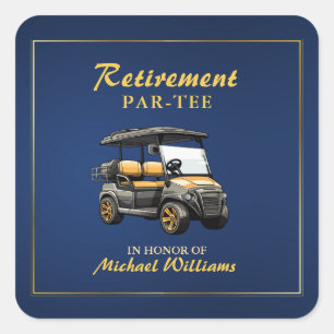 Ruhestand Elegante Golf Theme Gray Cart Blue Gold Quadratischer Aufkleber