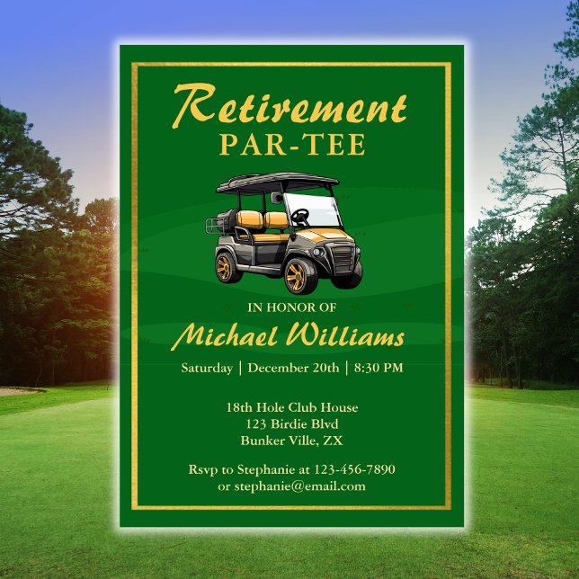 Ruhestand Elegante Golf Themenwagen Green Gold Einladung (Von Creator hochgeladen)