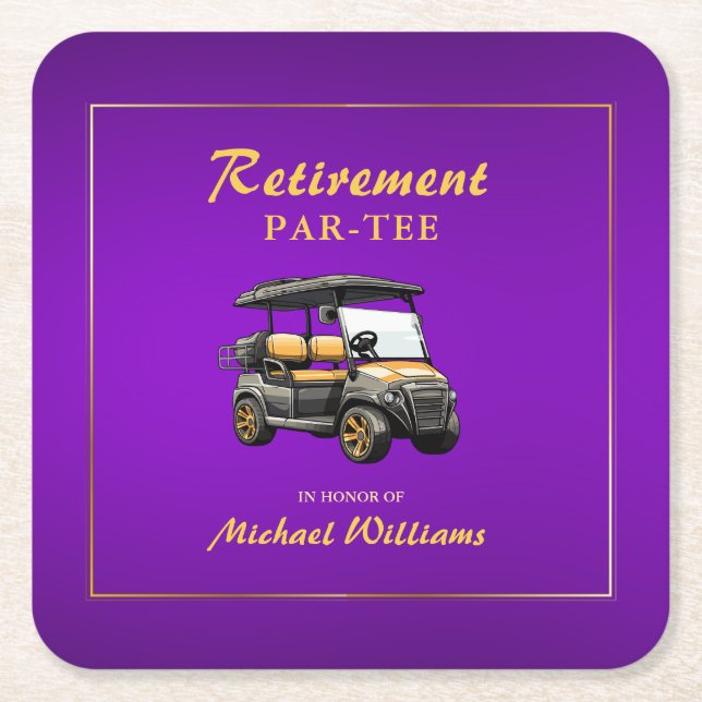 Ruhestand Elegante Golf Themenwagen Lila Gold Rechteckiger Pappuntersetzer (Vorderseite)