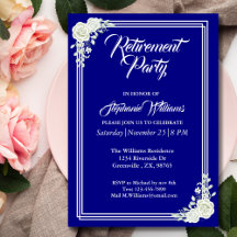 Ruhestand Elegantes Script Blue White Rose Party