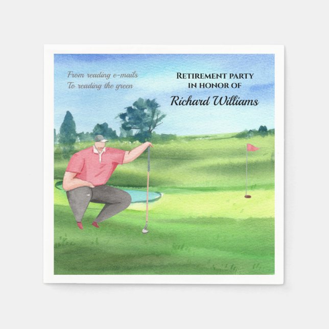 Ruhestand Golf Man liest grüne Wasserfarbe Serviette (Vorderseite)