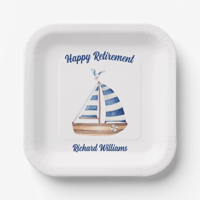 Ruhestand Happy Retirement Sailboat Wasserfarbe Pappteller (Vorderseite)