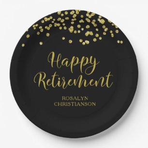 Ruhestand Modern Script Gold Confetti Name Pappteller