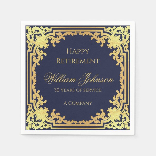Ruhestand Navy Blue Elegante Script Imitats Gold F Serviette (Vorderseite)