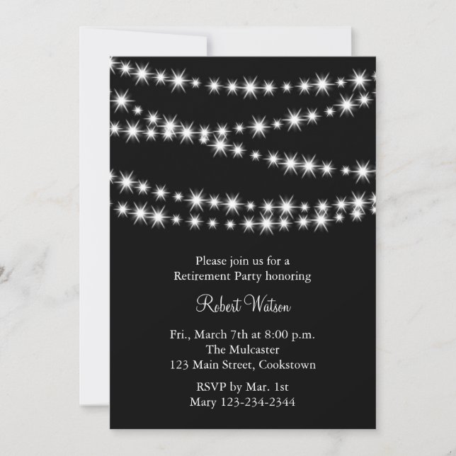 Ruhestand Party Black Twinkle Lights Einladung (Vorderseite)