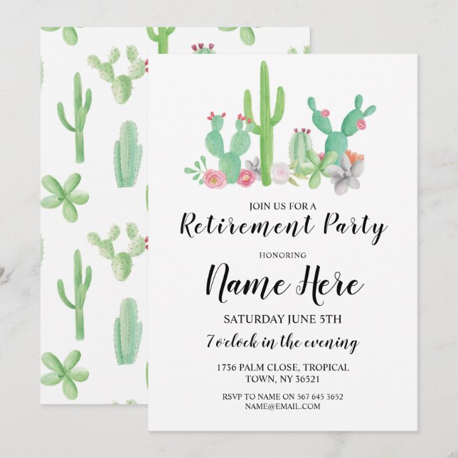 Ruhestand Party Cactus Aquarell Drucken Einladung (Vorne/Hinten)