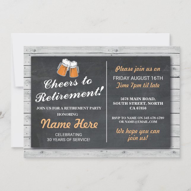 Ruhestand Party Cheers Beers Wood Chalk Einladung (Vorderseite)