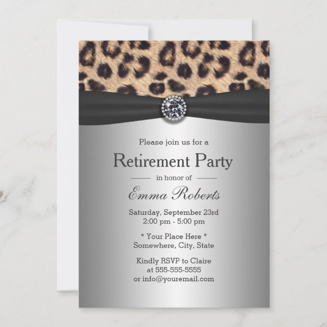 Ruhestand Party Diamond & Leopard Print Silver Einladung (Vorderseite)