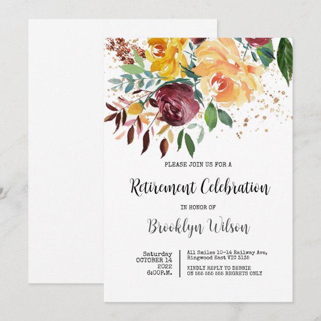 Ruhestand Party Elegante Chic Floral Einladung (Vorne/Hinten)