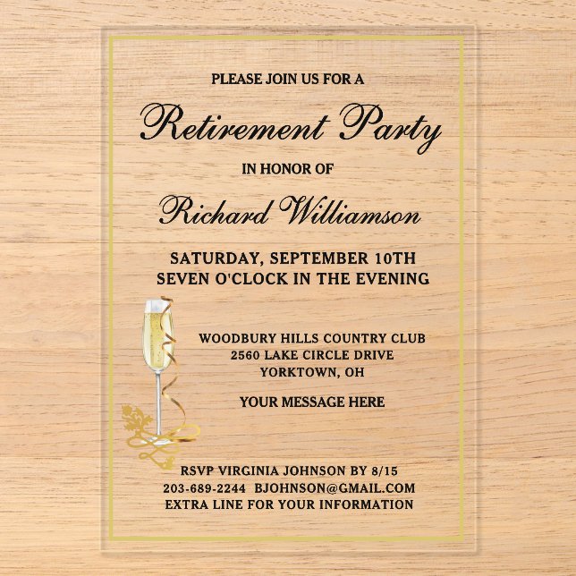 Ruhestand Party Elegante Schwarz und Gold Acryleinladungen (Vorderseite)