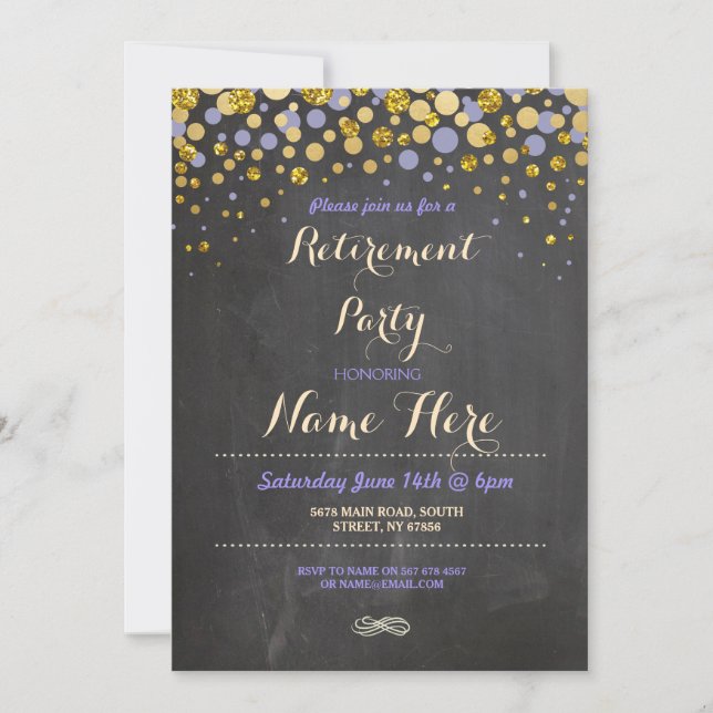 Ruhestand Party Lila Gold Chalk Remüde Einladung (Vorderseite)