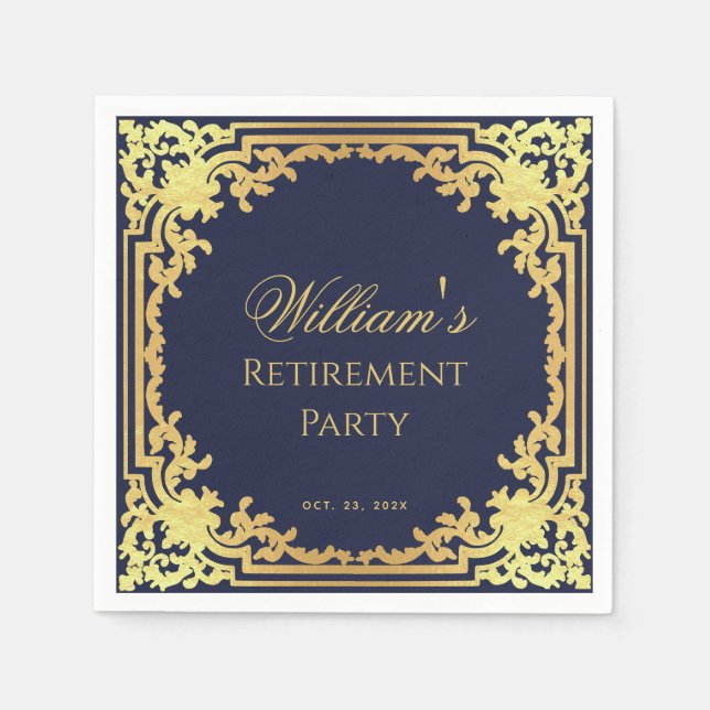 Ruhestand Party Navy Blue und Gold Elegantes Skrip Serviette (Vorderseite)