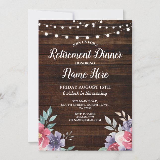 Ruhestand Party Remüde Holz Pink Blumen Einladung (Vorderseite)