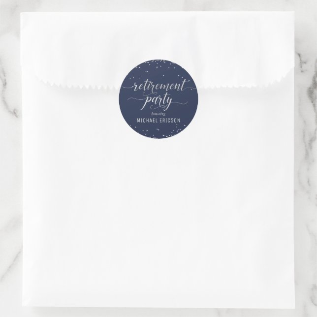 Ruhestand Party Rundsticker Elegant Silver Navy Runder Aufkleber (Tasche)