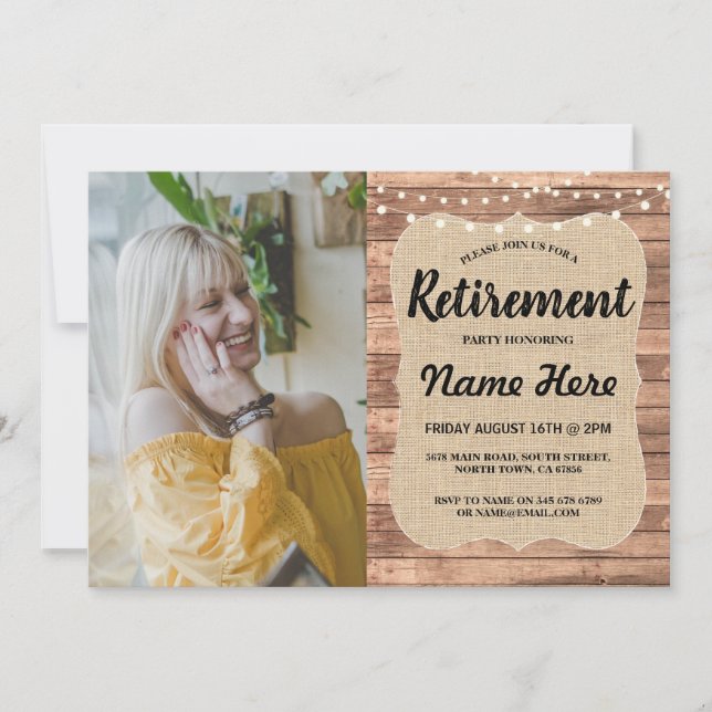Ruhestand Party Rustic Remüde Wood Burlap Foto Einladung (Vorderseite)