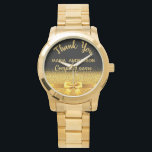 Ruhestand schwarzes Gold Vielen Dank an das Untern Armbanduhr<br><div class="desc">Elegant,  klassisch,  glamourös und feminin. Ein Geschenk für eine weibliche Mitarbeiterin im Ruhestand. Ein Imitat mit goldfarbenem Bogen und Band mit goldenem Glitzer und Funkeln,  ein bisschen Bling und Luxus. Schwarzer Hintergrund. Mit dem Text: Vielen Dank,  Vorlagen für einen Namen und Firmennamen.</div>
