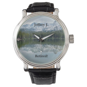 Ruhestand, See Berge, Name. Schwarzes Lederband Armbanduhr