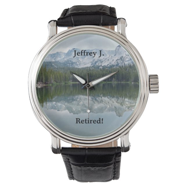 Ruhestand, See Berge, Name. Schwarzes Lederband Armbanduhr (Vorderseite)