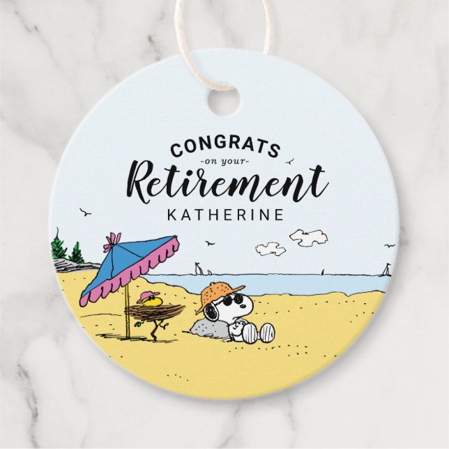 Ruhestand | Snoopy & Woodstock am Strand Geschenkanhänger (Vorderseite)