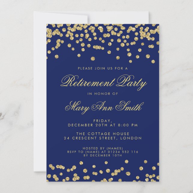 Ruhestands-Party-GoldGlitzerconfetti-Marine-Blau Einladung (Vorderseite)